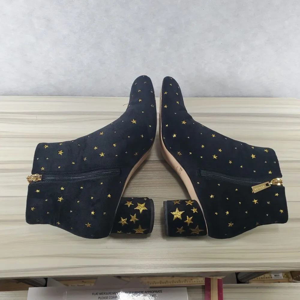 sz 7 Butrich Black Velvet Gold Stars Embroidered Booties Ankle Boots Metallic